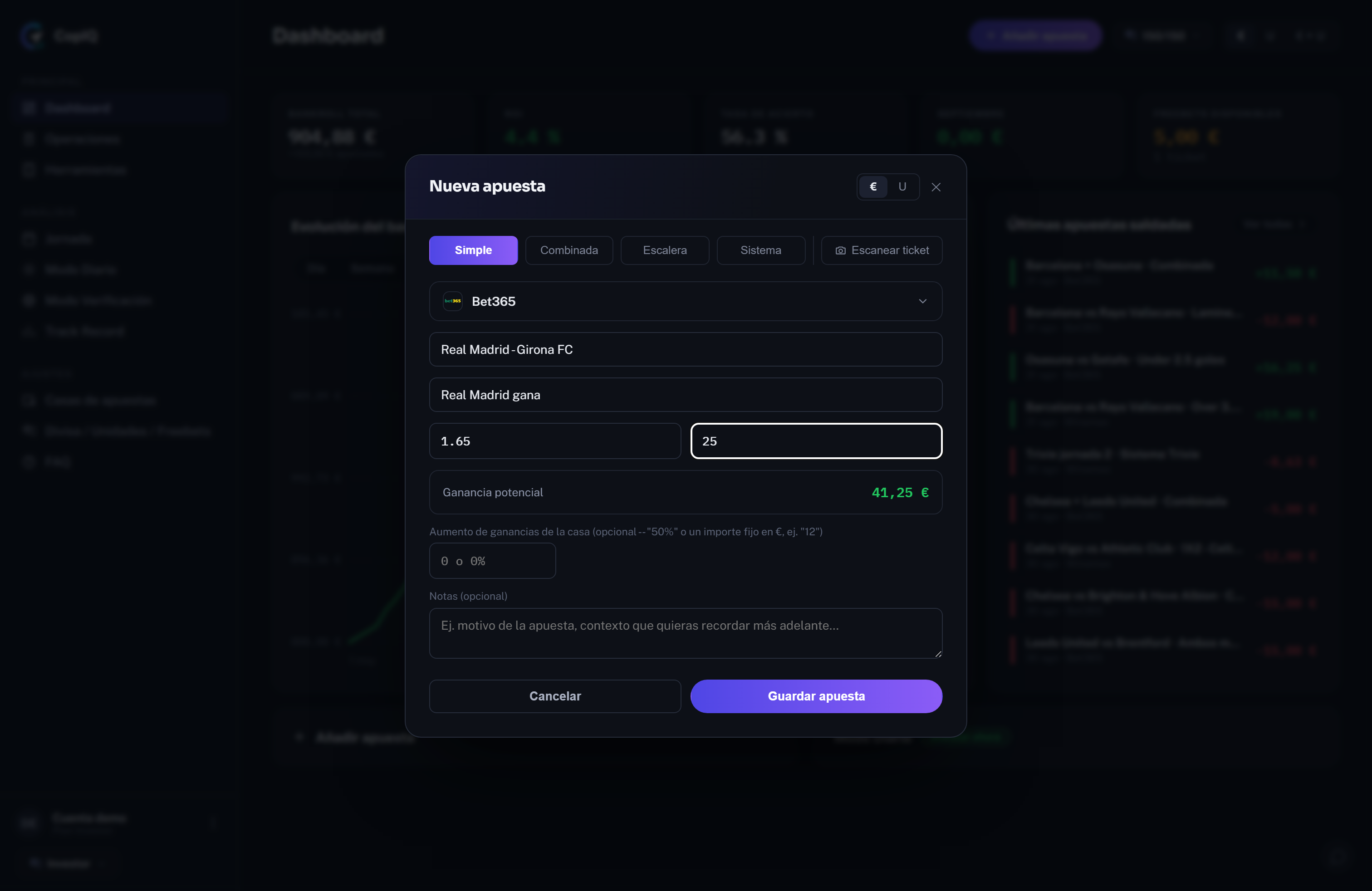 La operación ya rellenada tras leer el ticket: tipo, evento, selección, cuota y stake